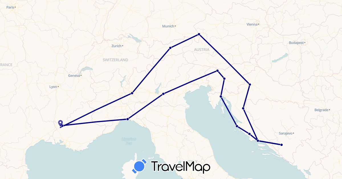 TravelMap itinerary: driving in Austria, Bosnia and Herzegovina, France, Croatia, Italy, Slovenia (Europe)